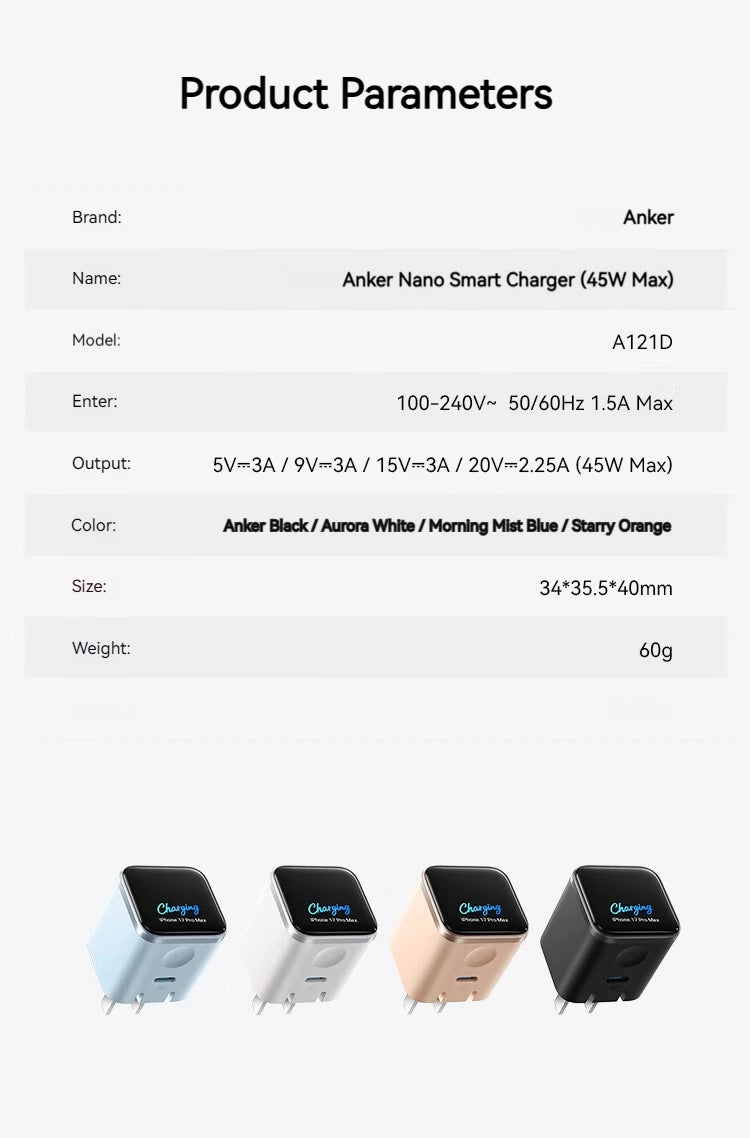 Anker 45W Nano Smart Type C Charger Fast Charging Foldable Plug Compact Screen Display for iPhone 17ProMax 16 Pro USB C Charger