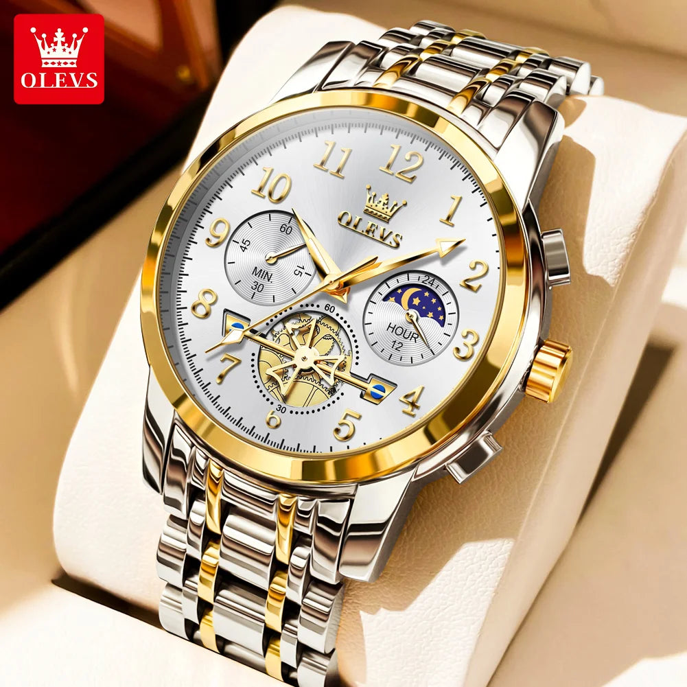 OLEVS 2900 Mens Watch Original Stainless Steel Watches For Men Calendar Moon Phase Quartz Watch Chronograph Freebie Reloj