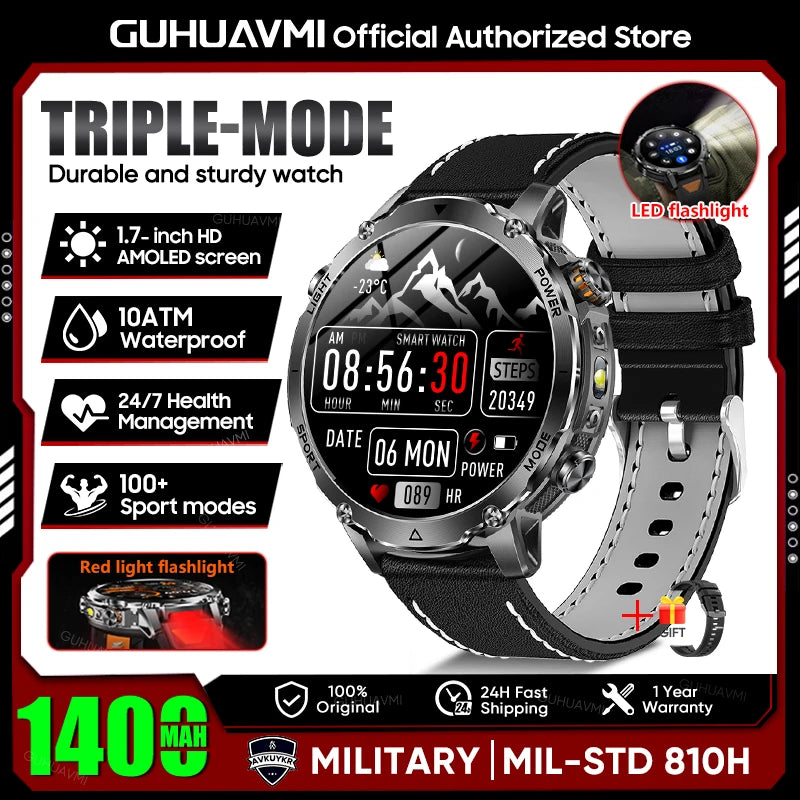 2026 New Military Smart Watch Men 1400mAh Battery 1.7-Inch AMOLED Sport GPS Track Bluetooth Call Rate Smartwatch For Android IOS
