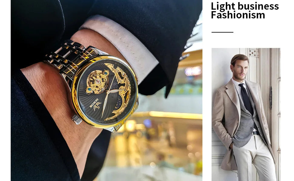 Stainless Steel New Vintage Skeleton Moonphase Luminous Waterproof Tourbillon Self-Wind Automatic Watch for Men