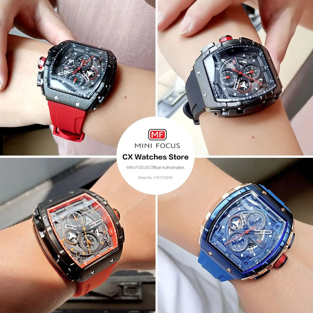 MINI FOCUS Chronograph Quartz Watches for Men Military Sport Silicone Strap Waterproof Wristwatch with Tonneau Dial Auto Date