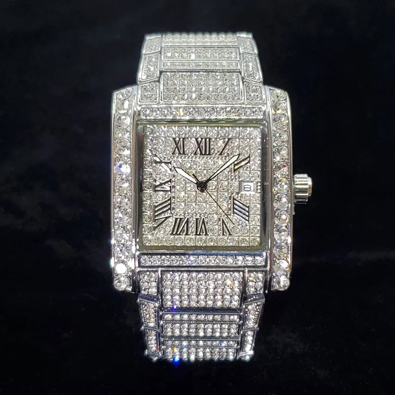 Luxury Brand Mens Silver Stainless Steel Quartz Watch Hip Hop Full Diamond Rectangle AAA Quality Fashion Wristwatch for Men 2025