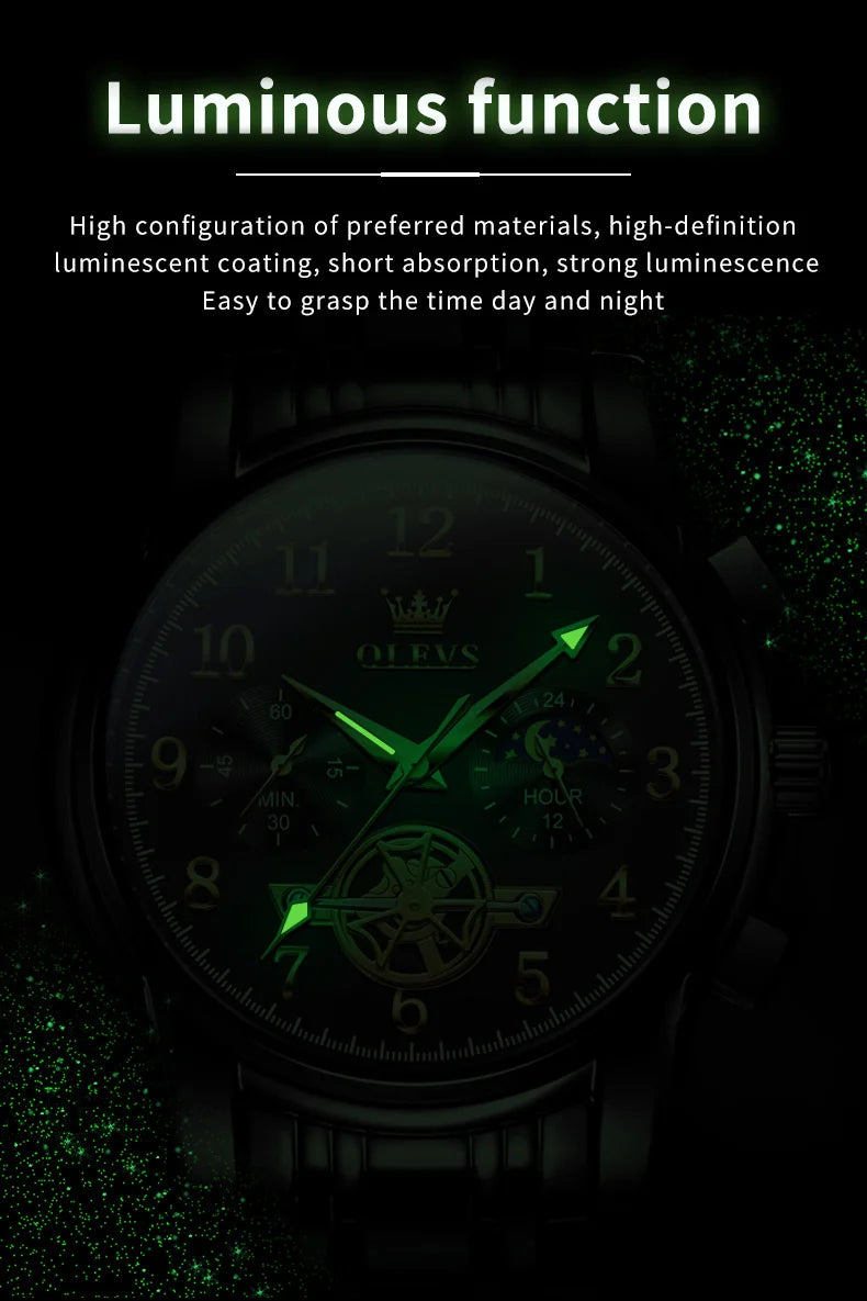 OLEVS 2900 Moon Phase Watch Men Stainless Steel Waterpoof Luminous  Fashion Skeleton Chronograph Quartz Wrist Watch for Men NEW