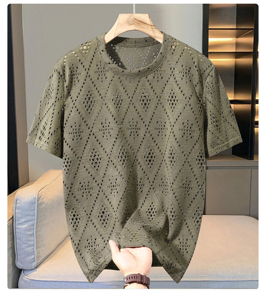 Summer Mesh Hollowed Out T-shirt Men 10XL Plus Size Summer Short Sleeve Tshirt Male Mesh Tops Tees Big Size 10XL