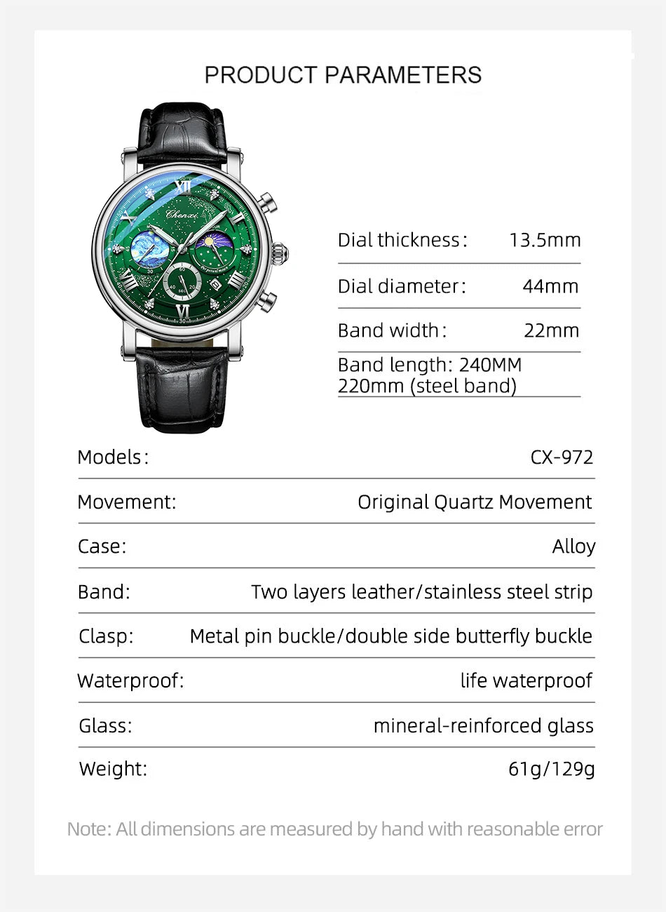 CHENXI Multi-functional Fashion Men's Watches Luminous Moon Phase Chronograph Men Wristwatches Calendar Quartz Watch For Man