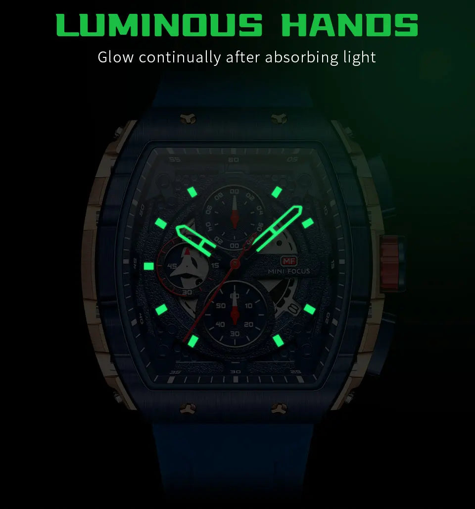 MINI FOCUS Chronograph Quartz Watches for Men Military Sport Silicone Strap Waterproof Wristwatch with Tonneau Dial Auto Date