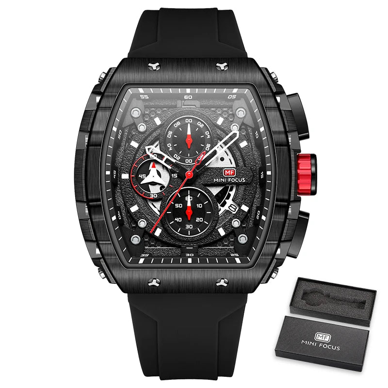 MINI FOCUS Chronograph Quartz Watches for Men Military Sport Silicone Strap Waterproof Wristwatch with Tonneau Dial Auto Date