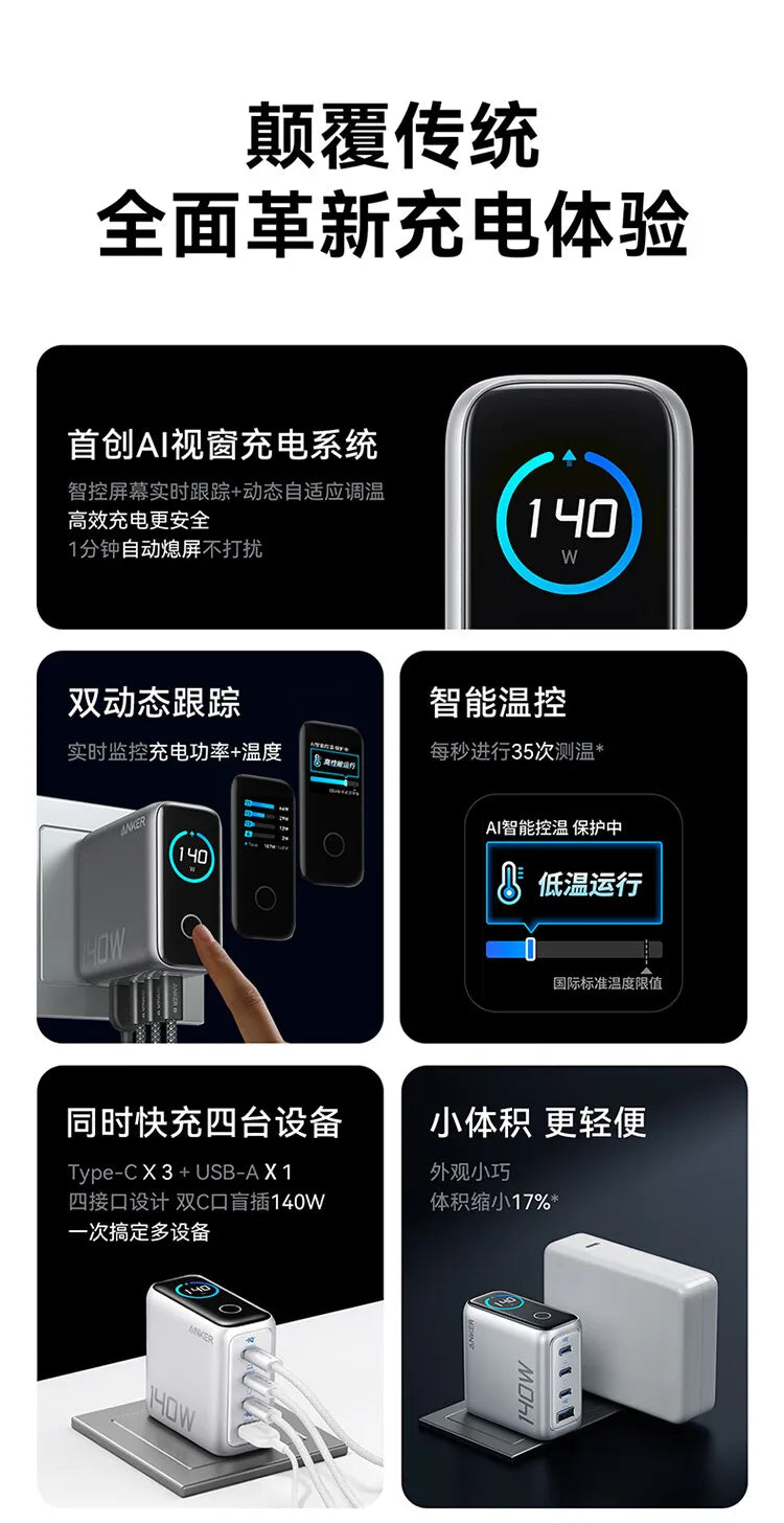 CN Version Anker Zolo 140W Charger GAN Display PD PPS for iPhone 12-16 series Laptop with 1.5m USB C to C Cable