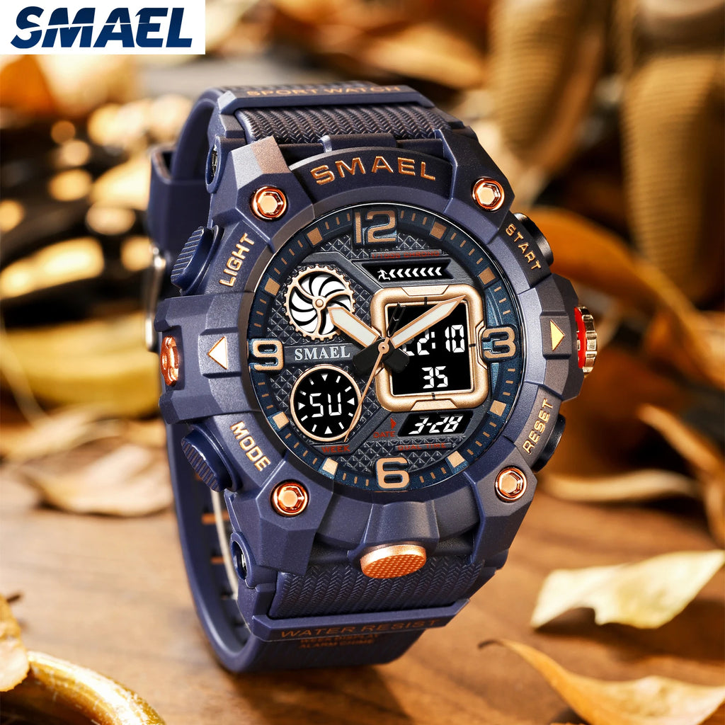 SMAEL Quartz Watch Sport 50M Waterproof Stopwatch Week Display LED Digital Alarm Clock Male 8055 Men Watches Sports Wristwatches