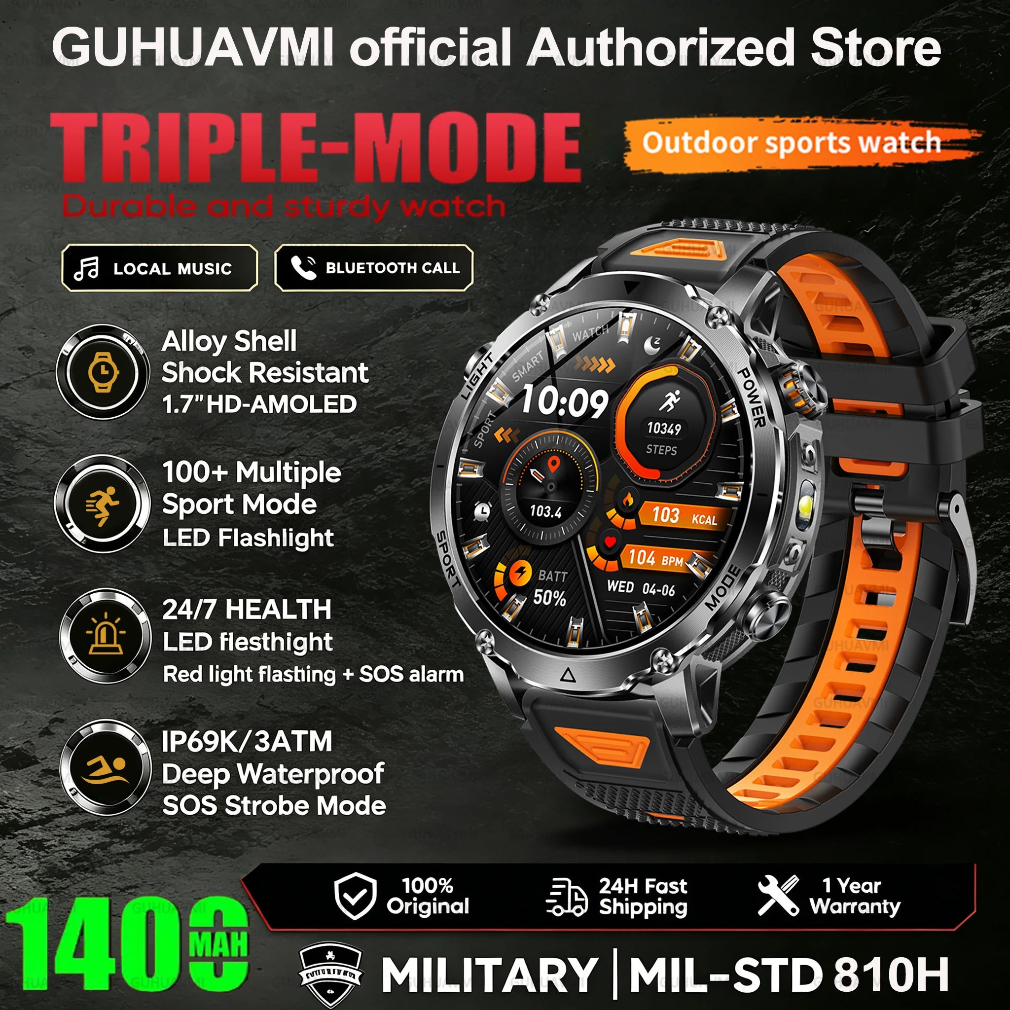 2026 New Smart Watch Bluetooth Call 1400mAh Large Battery Sport Heart Rate 1.7" Military Outdoor Men Smartwatch For Android IOS