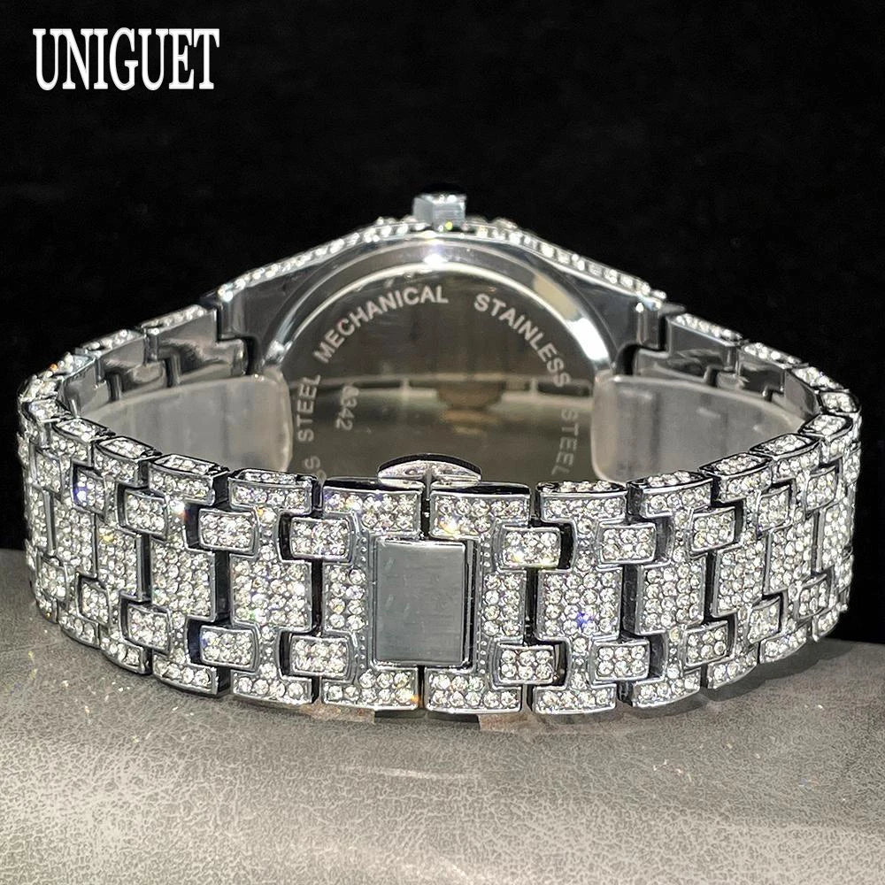 UNIGUET Fashion Iced Out Watch Mens Luxury Waterproof Quartz Watch For Man Hip Hop High Quality Big Diamond Wristwatch Hot Sale
