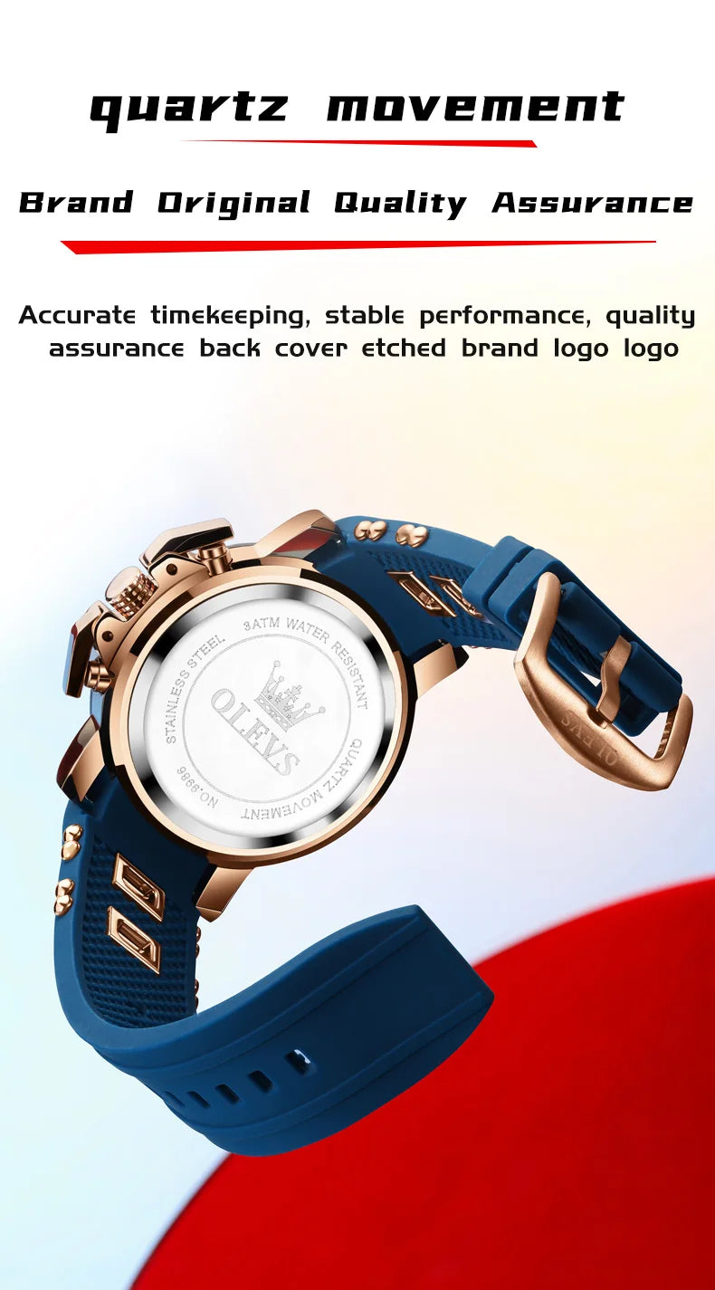 OLEVS 51mm Large Dial Quartz Watch for Men Silicone Strap Waterproof Luminous Auto Date Chrono Roman Numeral Scale Men's Watches