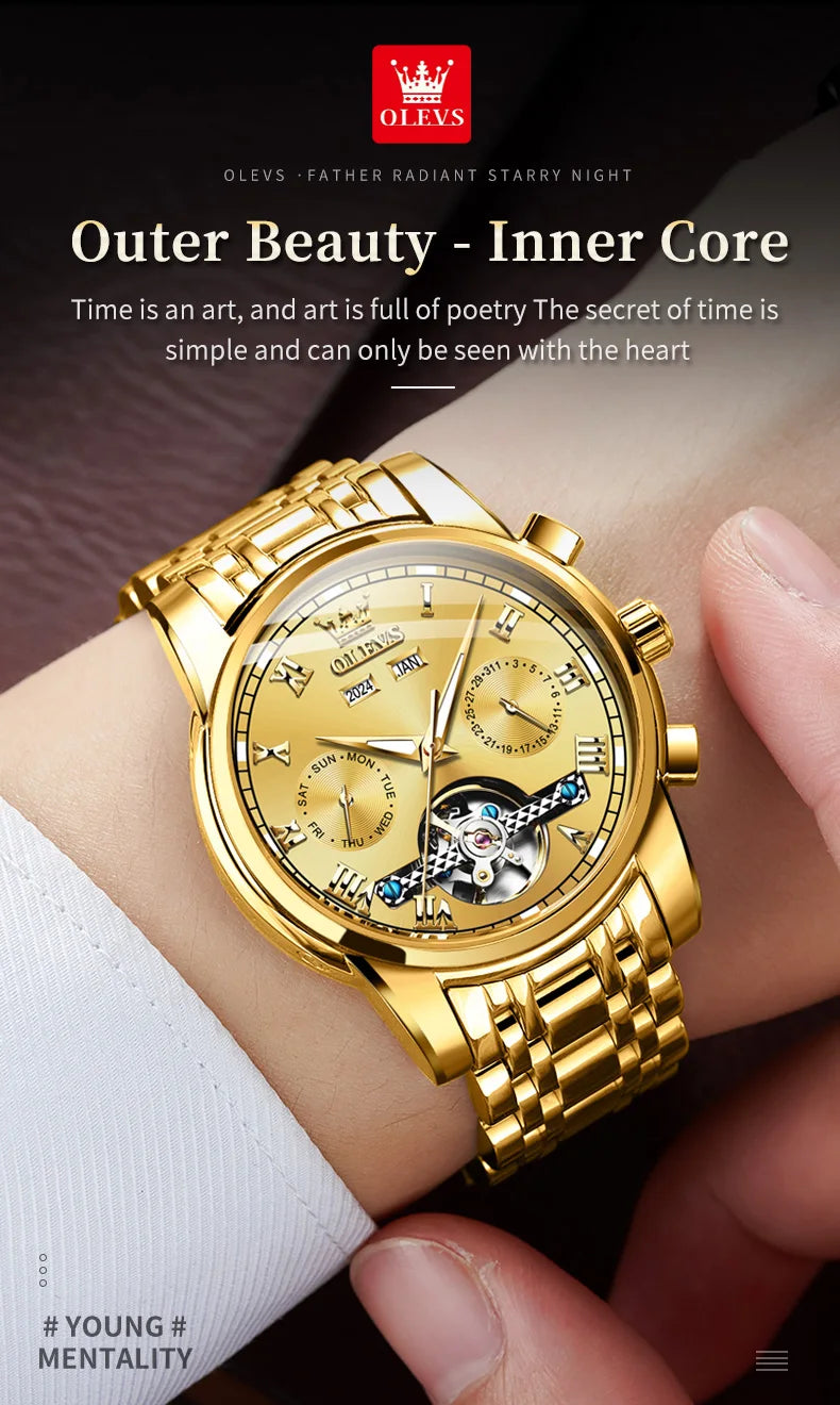OLEVS 6607 Fully Automaitc Watches Stainless Steel Skeleton Flywheel Dual Calendar Top Luxury Brand Men's Mechanical Wristwatch