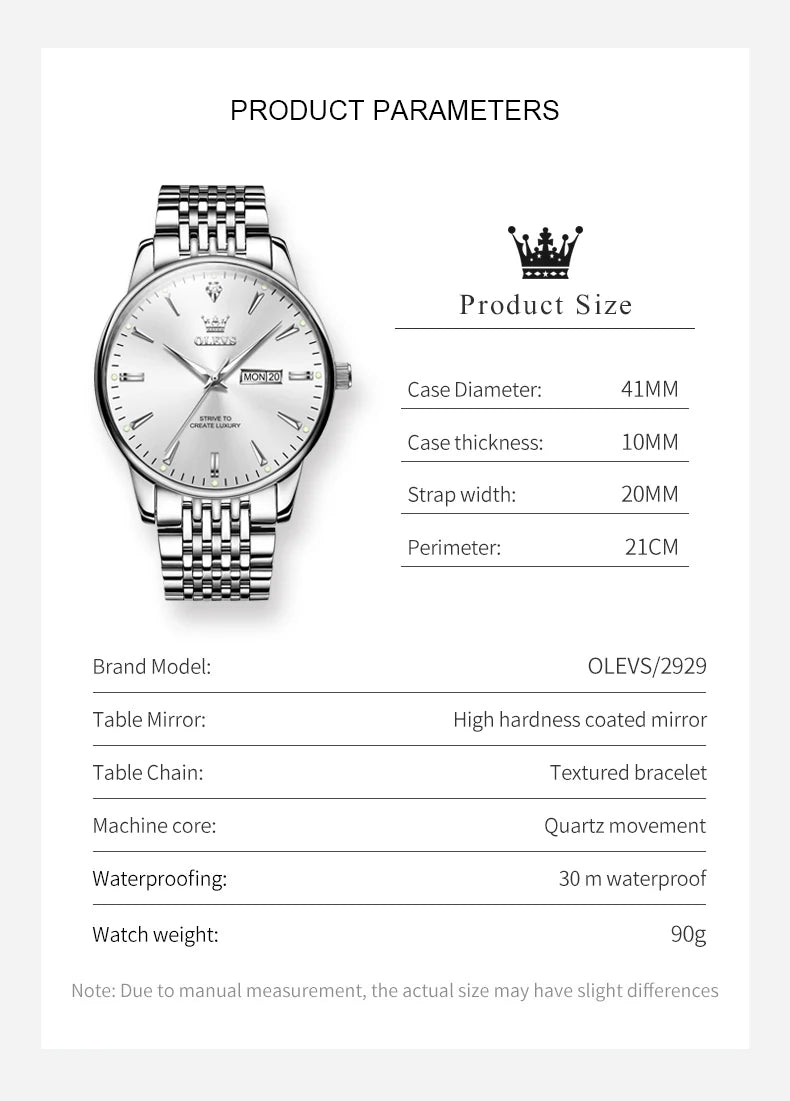 OLEVS 2929 Men Quartz Watch Original Waterproof Business Man Wristwatch Steel Strap Dual Calendar Luminous Fashion Watch For Men