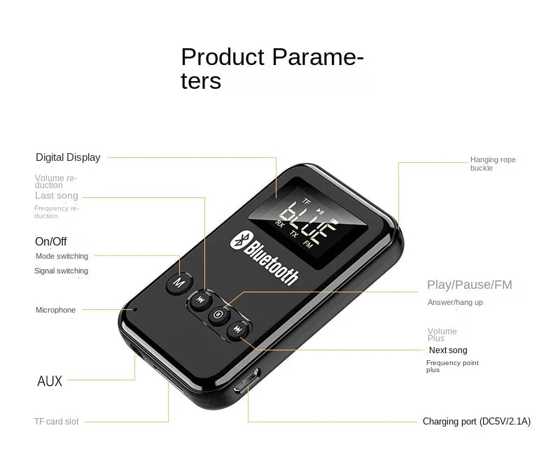 Wireless Audio LED Bluetooth 5.0 Adapter Transmitter Receiver  For Car Music Headphone Speaker, 300mA Battery, Support TF Card