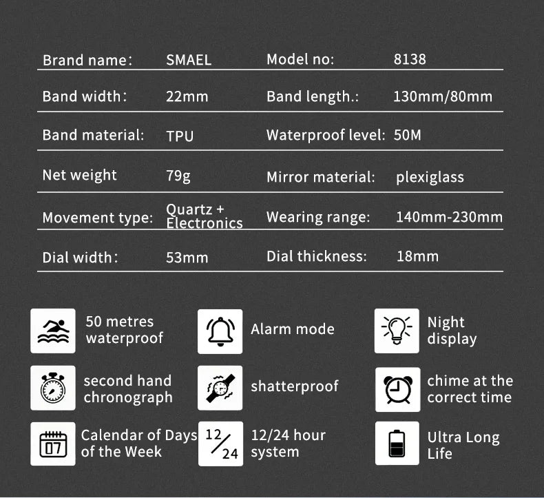 SMAEL Sports Watches 50M Waterproof Quatz Watches Mental Shockproof Men's Wristwatch Dual Time Alarm Clock  8138 Military Watch