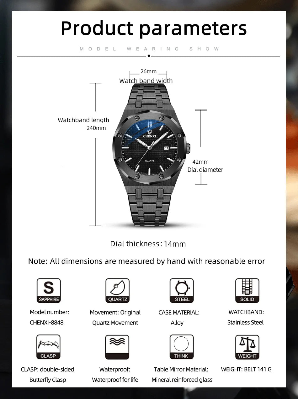 Mens Wacthes High Quality Waterproof Calendar Quartz Watch Men Original Stainless Steel Fashion Luminous Wristwatch Gifts Men