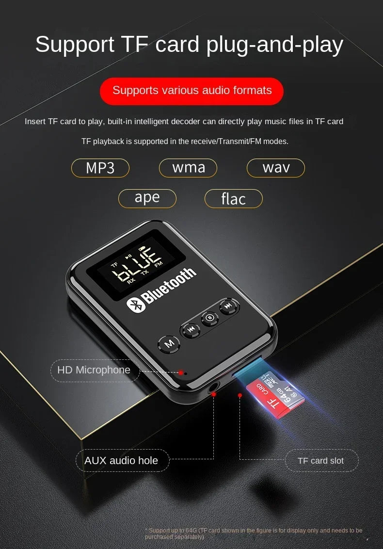 Wireless Audio LED Bluetooth 5.0 Adapter Transmitter Receiver  For Car Music Headphone Speaker, 300mA Battery, Support TF Card