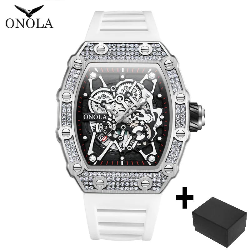 ONOLA Fashion Watch For Men Automatic Date Sports Silicone Strap Tonneau Clock Iced Diamond Quartz WristWatch Reloj Dropshipping