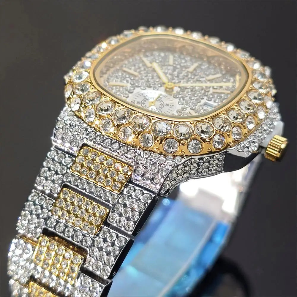 Hot Sell Luxury Iced Watch Mens Fashion Stainless Steel Gold Wristwatch Hip Hop Diamond Bling Jewelry Watch For Man Reloj Hombre