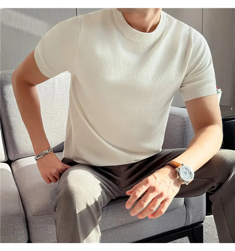 High-quality Men's Short-sleeve Knitted Sweater T-shirt O-Neck Solid Color Men Pullover T Shirts Slim Fit Stretch Undershirt Top