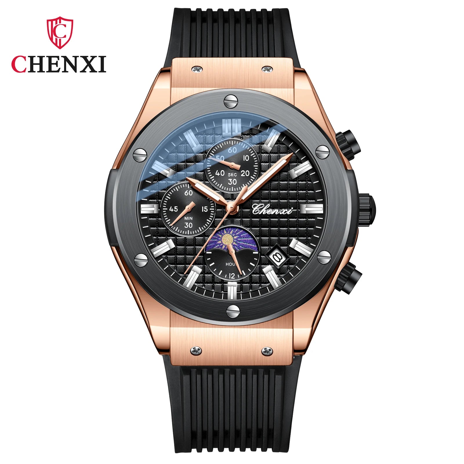 CHENXI Original Watch Quartz Waterproof Sports Watches Men Silicone Strap Chronograph Calendar Multi Functional Wristwatches
