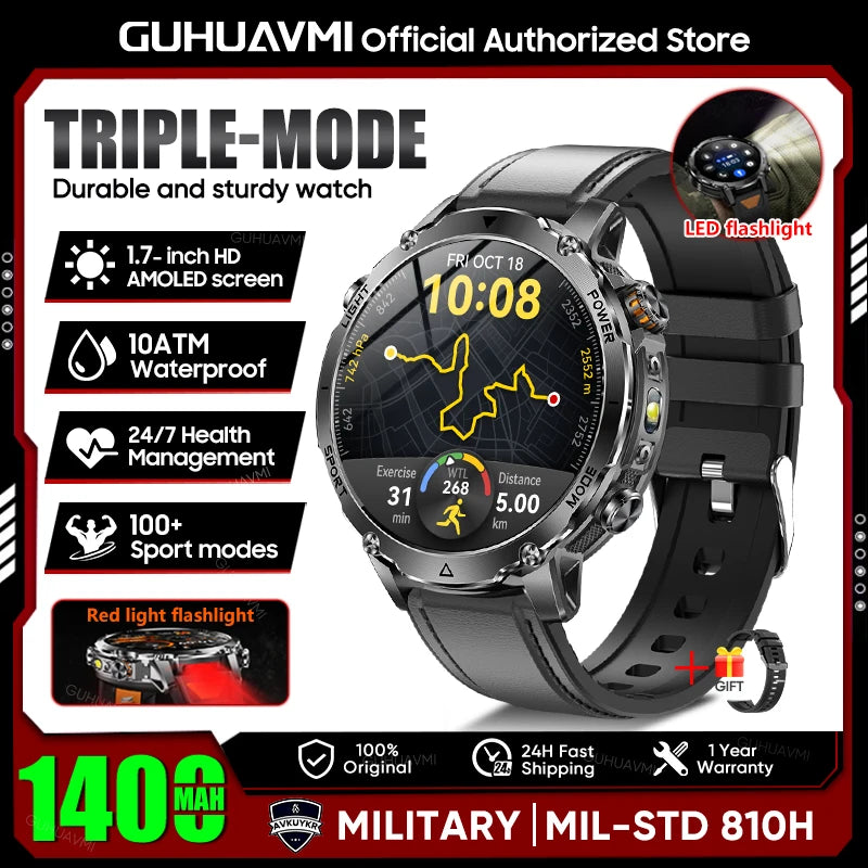 2026 New Military Smart Watch Men 1400mAh Battery 1.7-Inch AMOLED Sport GPS Track Bluetooth Call Rate Smartwatch For Android IOS