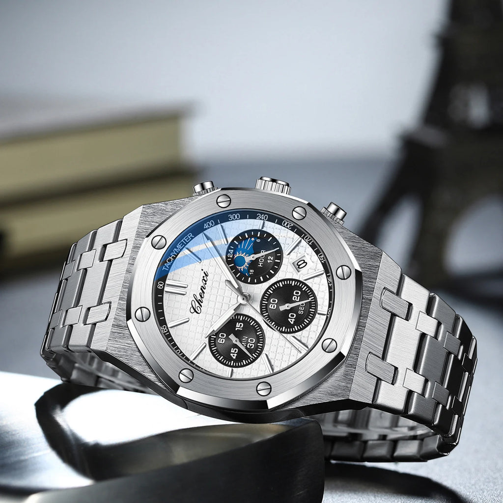 Luxury Business CHENXI Man Watch High Quality Chronograph Moon Phase Quartz Watches Original Waterproof Clock Male New 2025