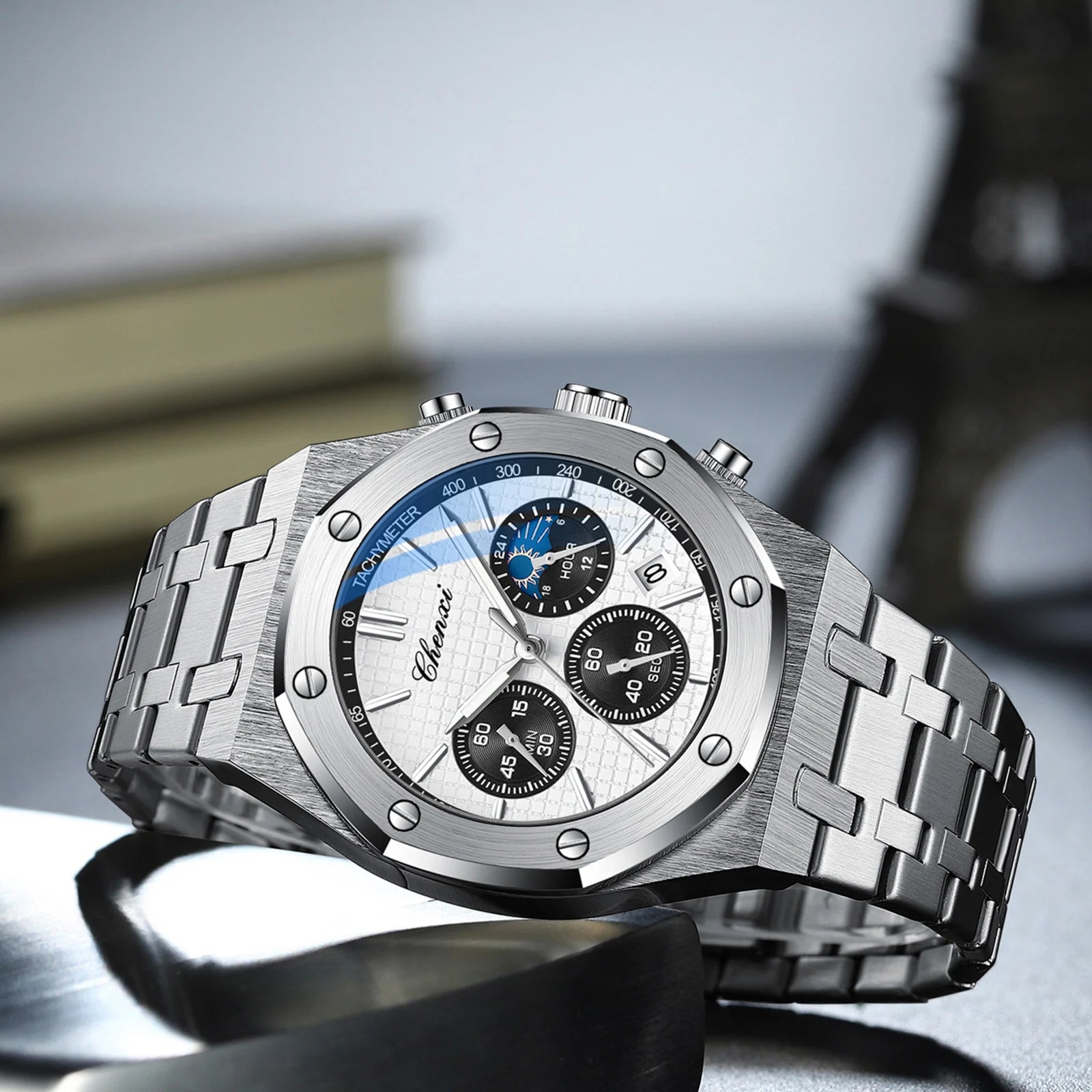 Luxury Business CHENXI Man Watch High Quality Chronograph Moon Phase Quartz Watches Original Waterproof Clock Male New 2025