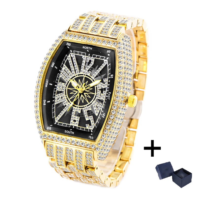 Luxury Gold Watches Men Brand MISSFOX Fashion Hip Hop lce Diamond Sun Pattern Literal Quartz Wristwatch Male Dropshipping Hot