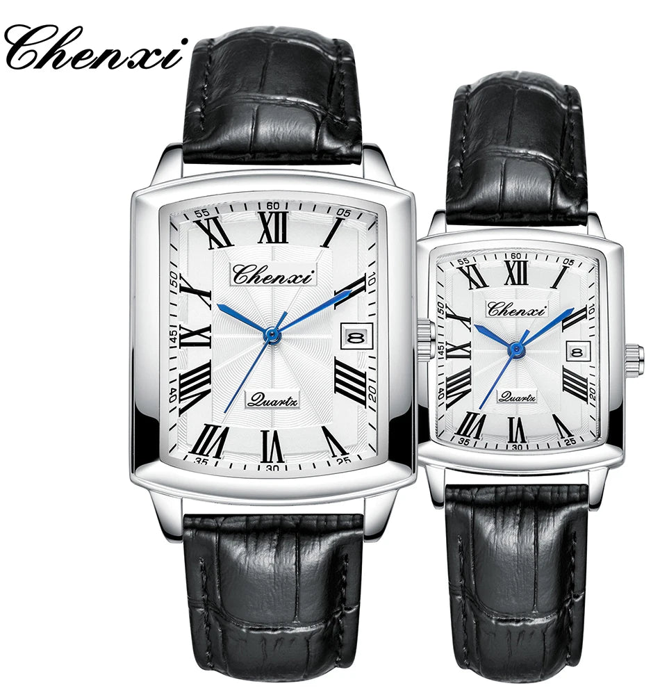 CHENXI Quartz Couple Watches Fashion Casual Rectangle Dial Alloy Man Woman Watch Luminous Calendar Couples Watch