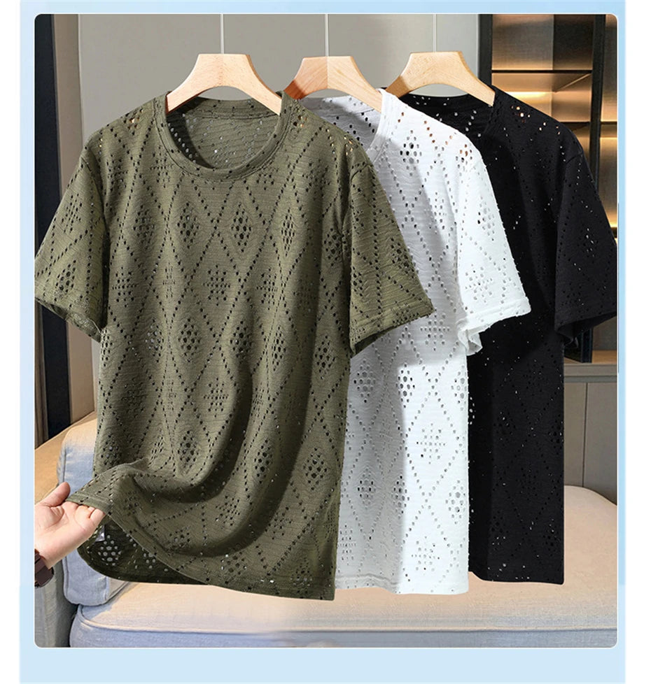 Summer Mesh Hollowed Out T-shirt Men 10XL Plus Size Summer Short Sleeve Tshirt Male Mesh Tops Tees Big Size 10XL