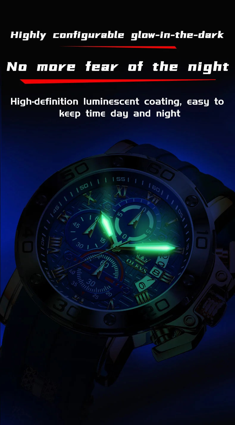 OLEVS 51mm Large Dial Quartz Watch for Men Silicone Strap Waterproof Luminous Auto Date Chrono Roman Numeral Scale Men's Watches
