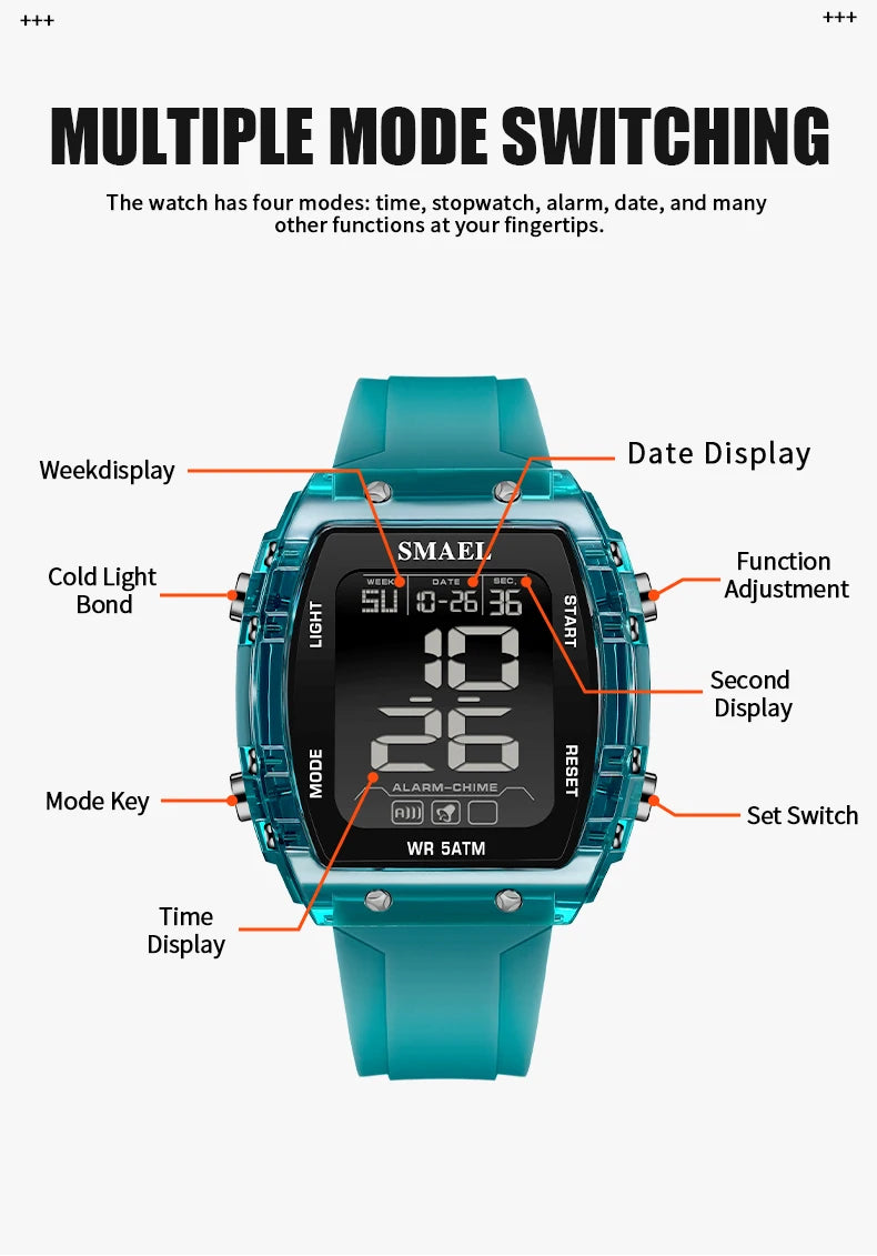 SMAEL Watches for Women LCD Digital Movement Silicone Strap Clock Fashion Trend Waterproof Sport Electronic Wristwatches Female