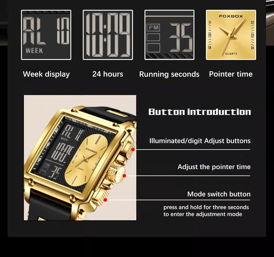 LIGE Fashion Square Digital Watch Men Casual Sports Waterproof Men's Quartz Wristwatch FOXBOX Top Brand Luxury Chronograph Watch