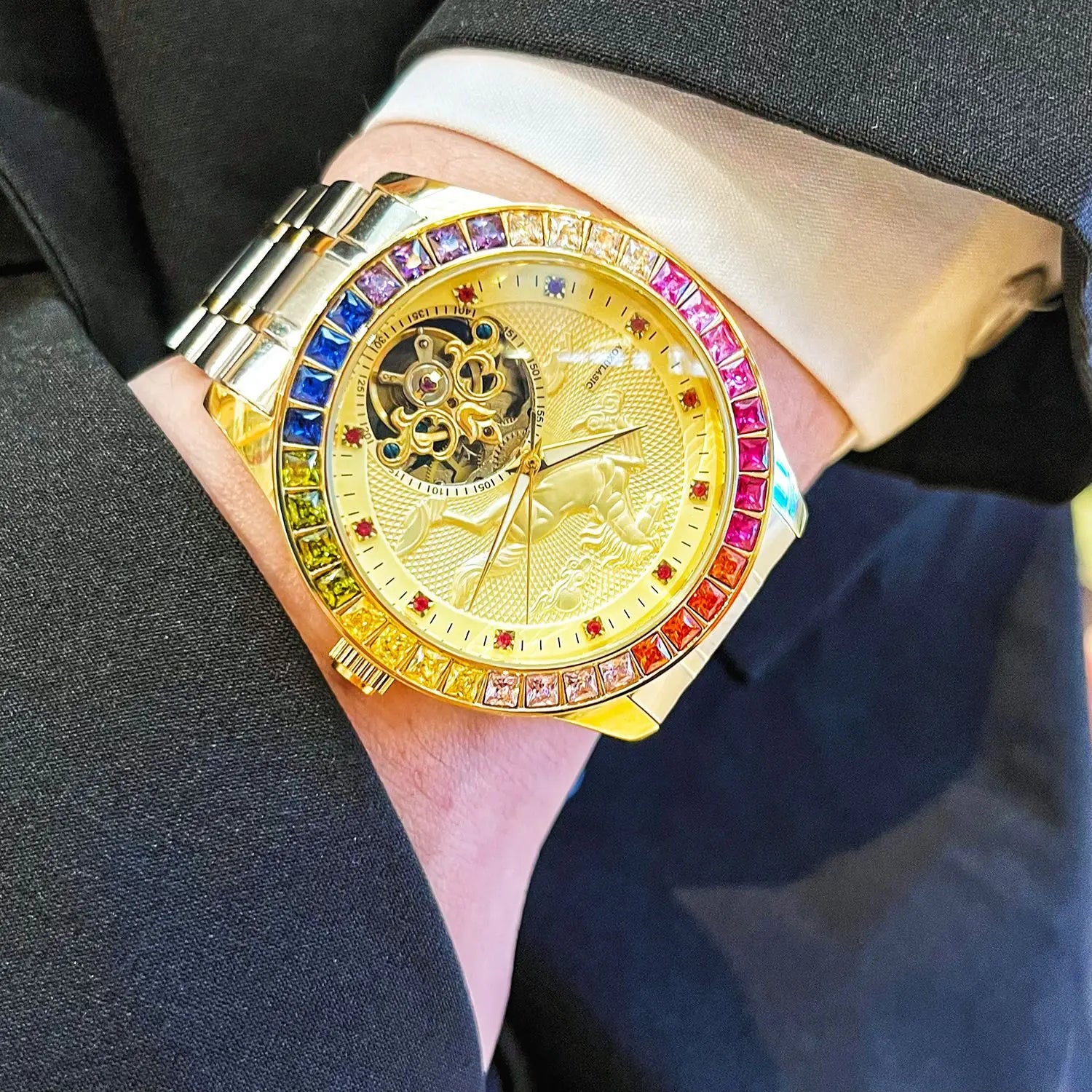 Stainless Steel New Color Diamond Golden Horse Series Skeleton Luminous Waterproof Self-Wind Automatic Watch for Men