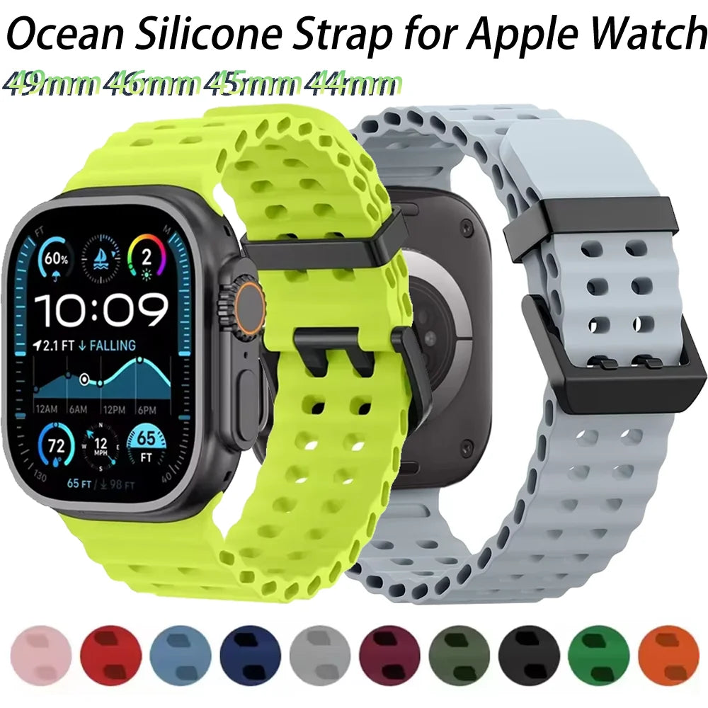 Ocean Silicone+Metal Buckle Strap for Apple Watch Band Ultra 49mm Series 11 10 46mm Band iWatch 9 8 7 45mm 6 5 4 SE 44mm Correa