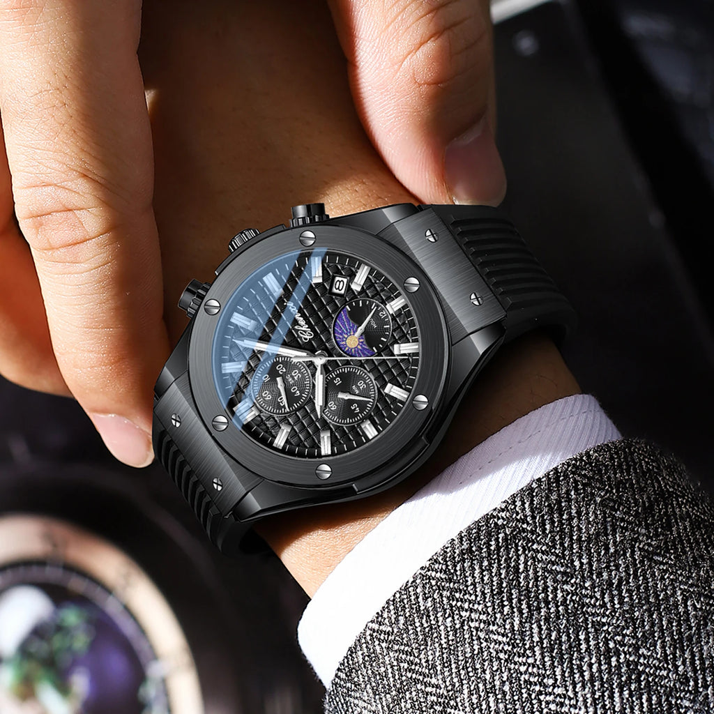 CHENXI Original Watch Quartz Waterproof Sports Watches Men Silicone Strap Chronograph Calendar Multi Functional Wristwatches