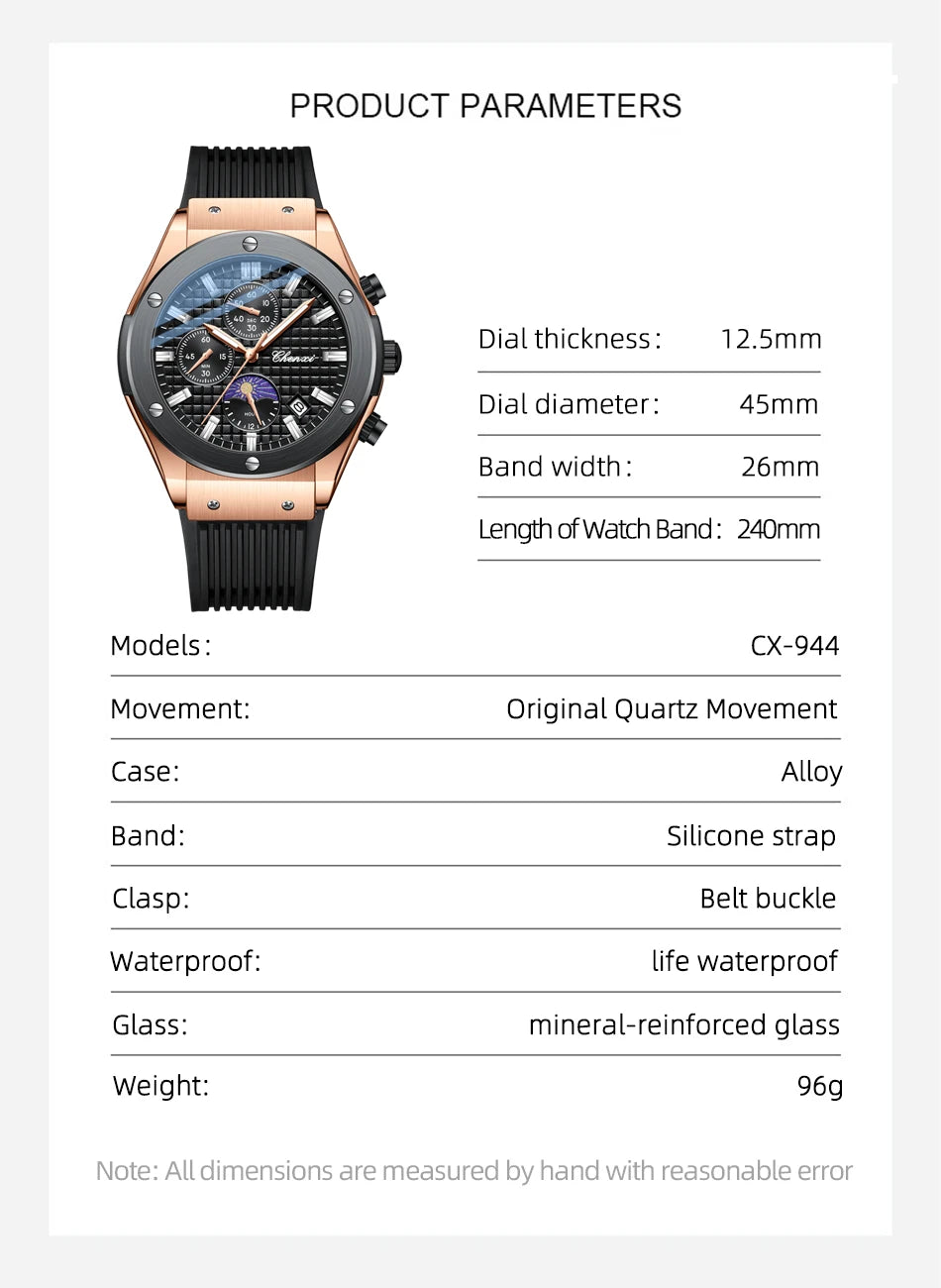 CHENXI Original Watch Quartz Waterproof Sports Watches Men Silicone Strap Chronograph Calendar Multi Functional Wristwatches