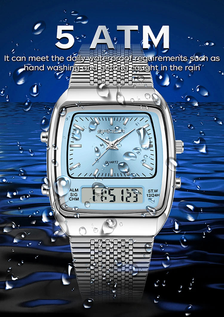 SANDA Outdoor Dual Display Men's Watch Luminous Waterproof TPU Strap Large Dial Chronograph Calendar Sports Wristwatch