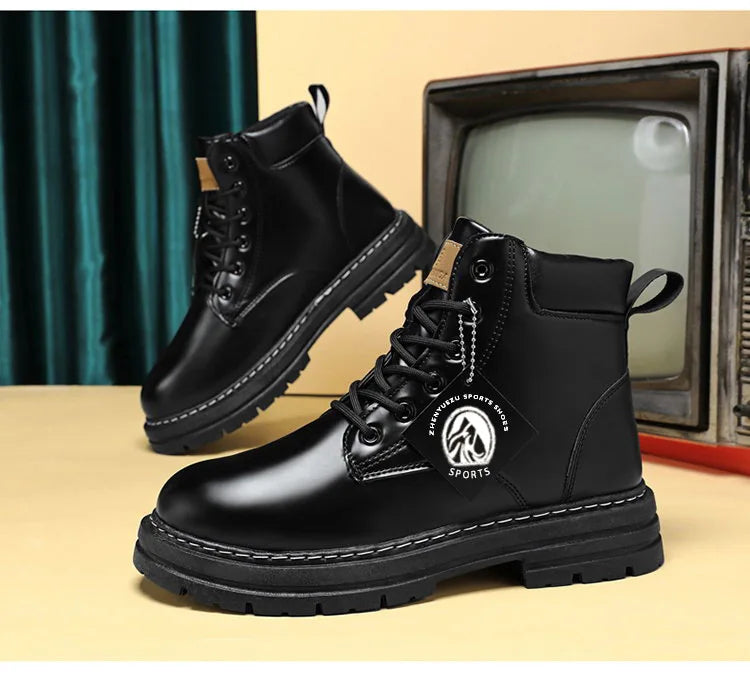 High Top Boots Men's Leather Shoes Fashion Motorcycle Ankle Boots for Men Winter Boots Man Shoes Lace-Up Botas Men Flat Sneakers