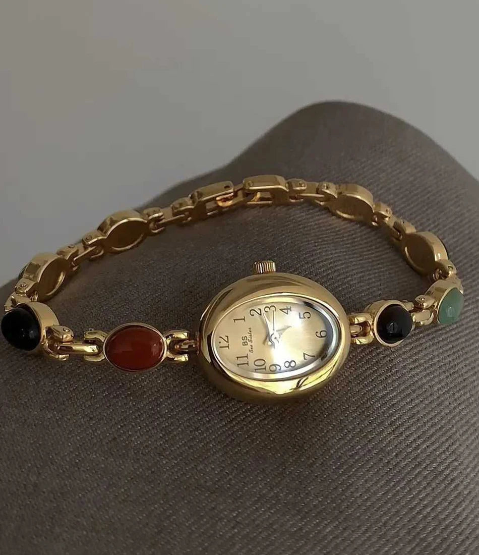 Luxury Vintage Quartz Women's Watches Fashion Natural Green Jade Bracelet Clock Numerals Small Oval Dial Watch Woman Accesories