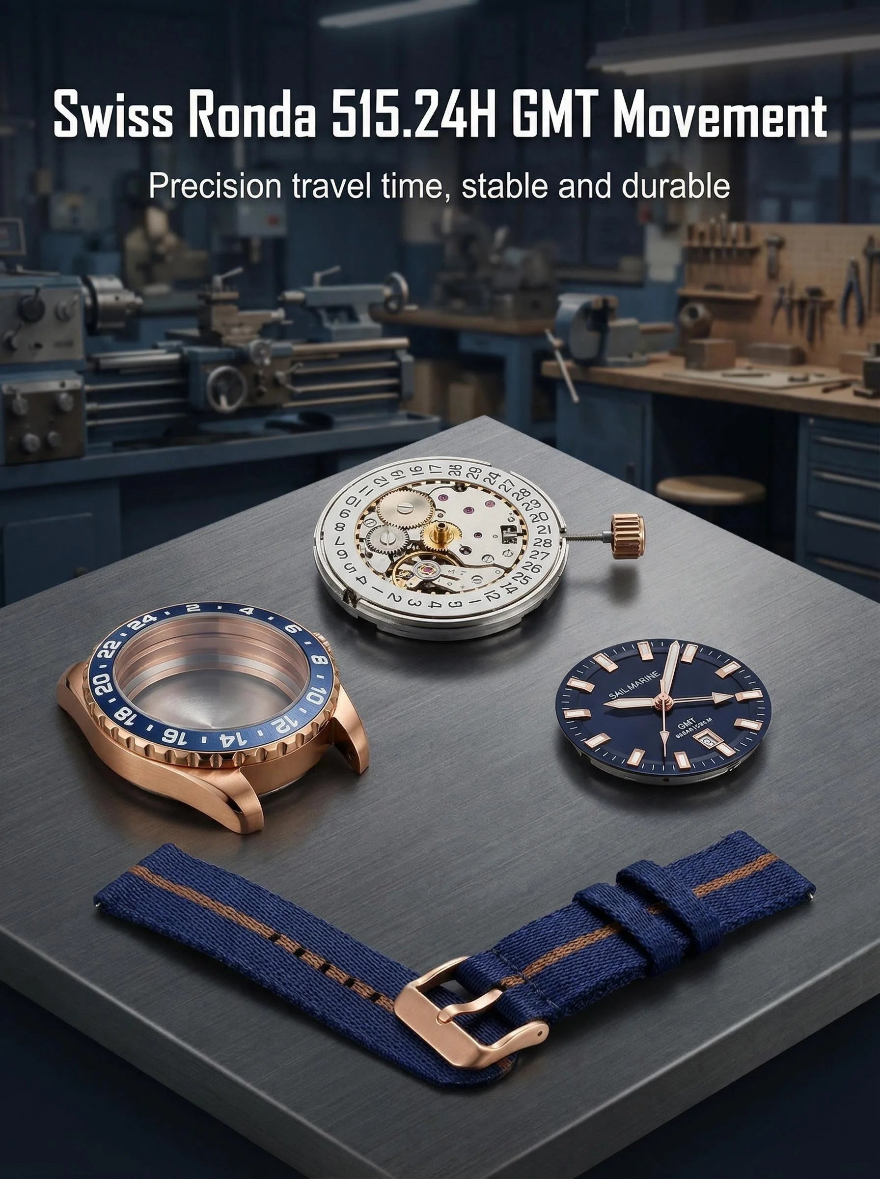Top Quality Rose Gold Men's Luminous Casual Watch Fabric Strap GMT Quartz Wristwatch Stainless Steel Case 20 Bar Deep Waterproof