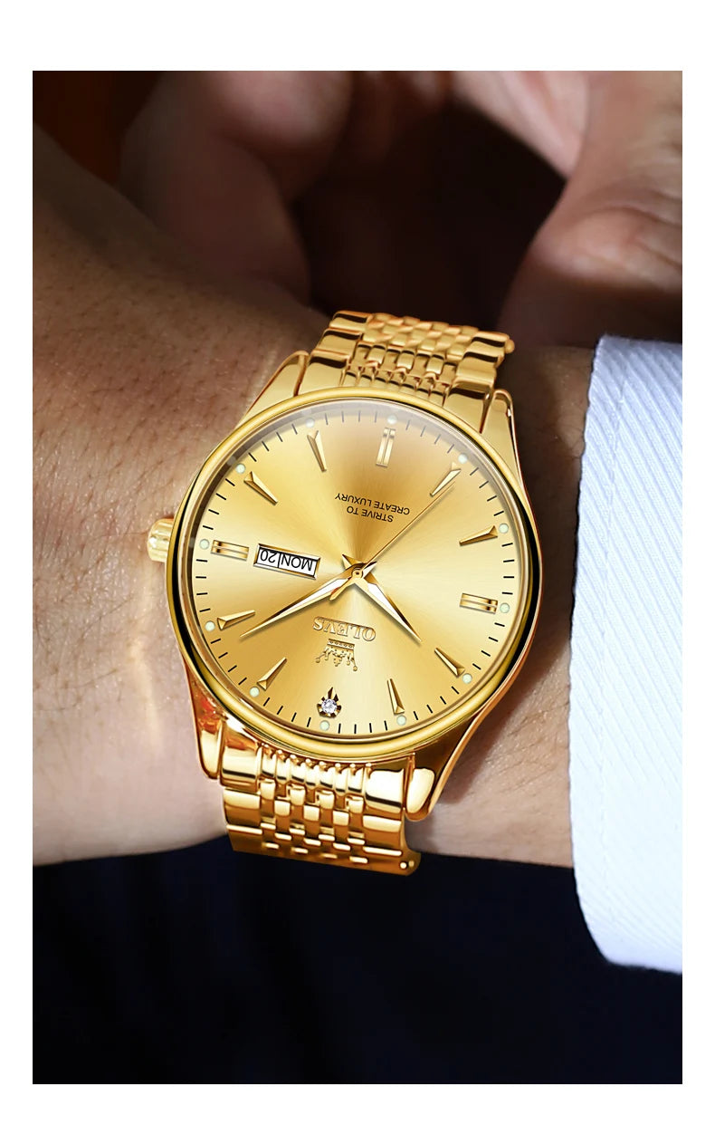 OLEVS 2929 Men Quartz Watch Original Waterproof Business Man Wristwatch Steel Strap Dual Calendar Luminous Fashion Watch For Men