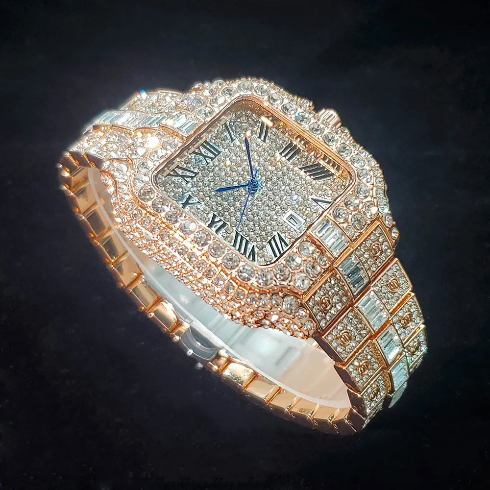 Luxury Original Brand Men Watch Fashion Bling Diamond Inlay Square Wristwatch Hip Hop Iced Out Man Jewelry Clock Dropshipping