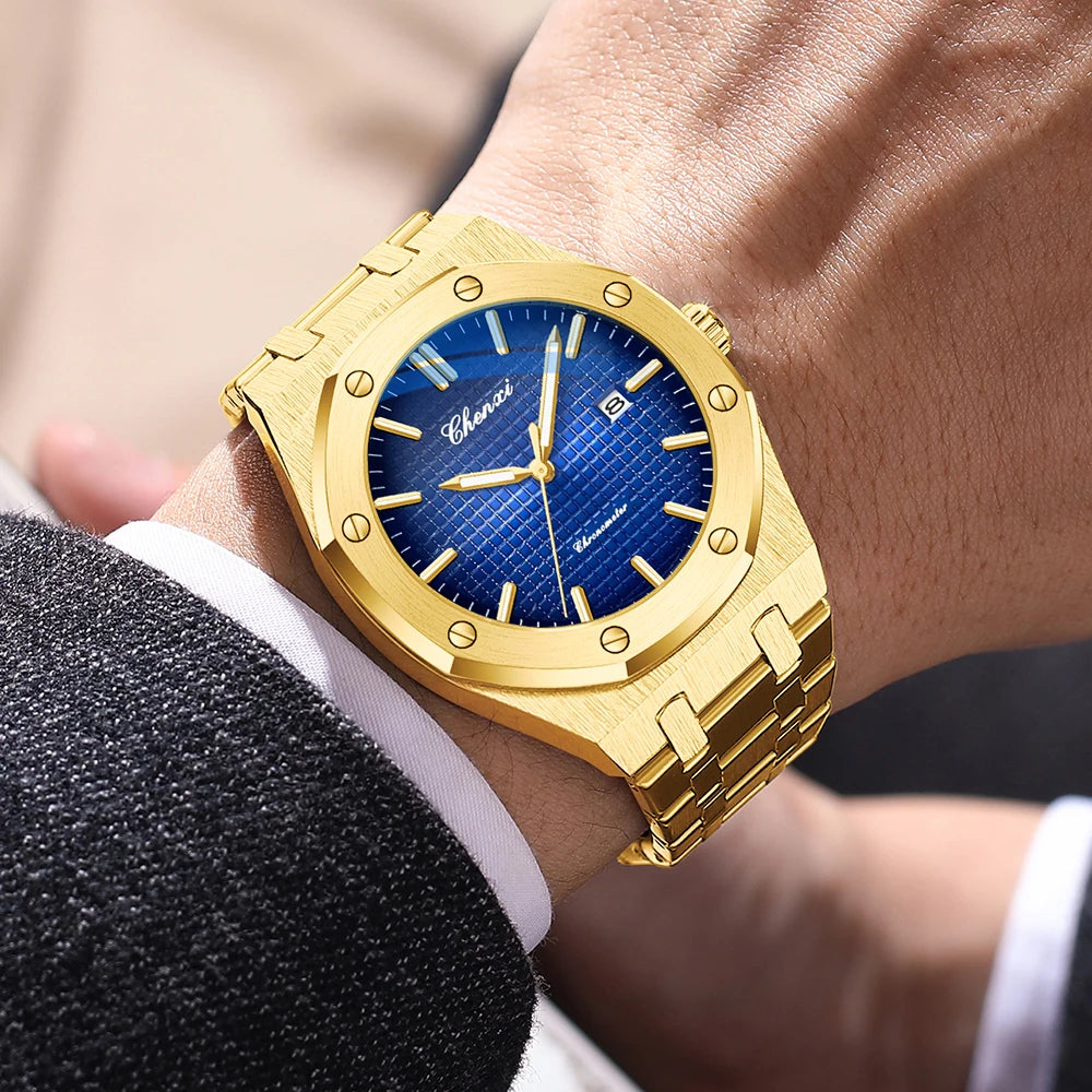 CHENXI NEW Men's Watches Fashion Casual Luminous Date Quartz Watch Male Clock Gifts 42mm Dial Gold Wristwatch Waterproof