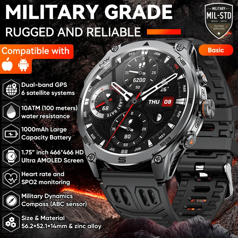 2026New Military Grade 1000mAh Battery GPS Smart Watch 10ATM Waterproof Compass Altimeter Call AMOLED Men Swim Sports Smartwatch