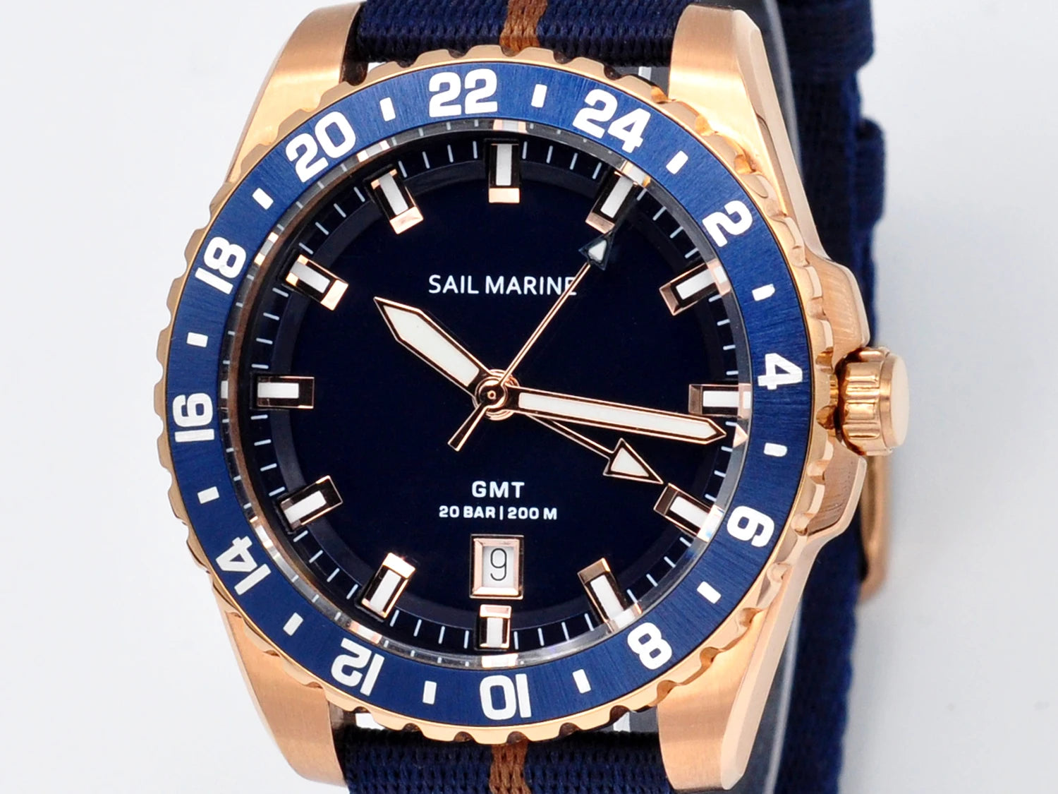 Top Quality Rose Gold Men's Luminous Casual Watch Fabric Strap GMT Quartz Wristwatch Stainless Steel Case 20 Bar Deep Waterproof