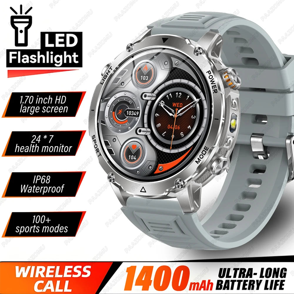 Brand+ Military 1400mAh Battery Smart Watch Men Outdoor Flashlight 10ATM Waterproof Heart Rate Bluetooth Call Sports Bracelets