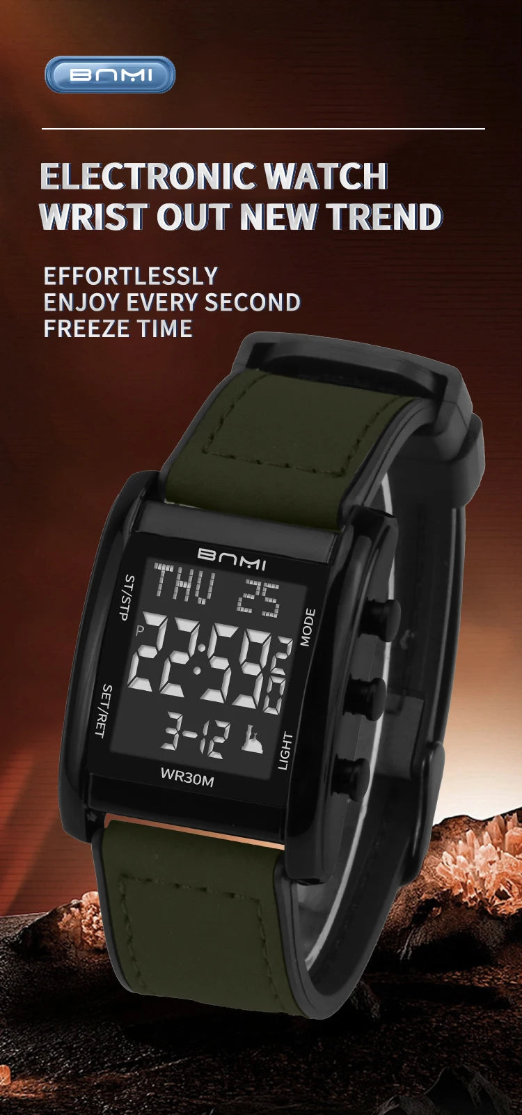 BNMI Men's Digital Watch Multifunctional Square Electronic Man Watches Luminous Weekly LED Display Alarm Stopwatch